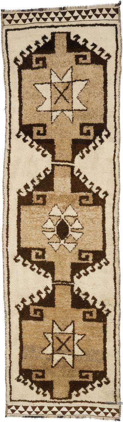 Beige, Brown Vintage Turkish Runner Rug - 3' 6" x 11' 11" (42 in. x 143 in.)