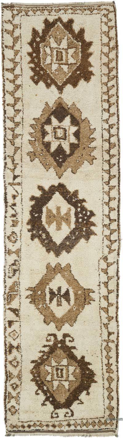 米色，棕色老式土耳其跑步者地毯-3'1“ x 11'3”（37英寸x 135英寸）