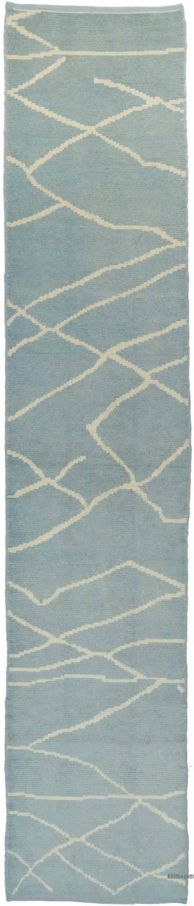 Blue New Moroccan Style Hand-Knotted Runner - 2' 11" x 14' 4" (35 in. x 172 in.)