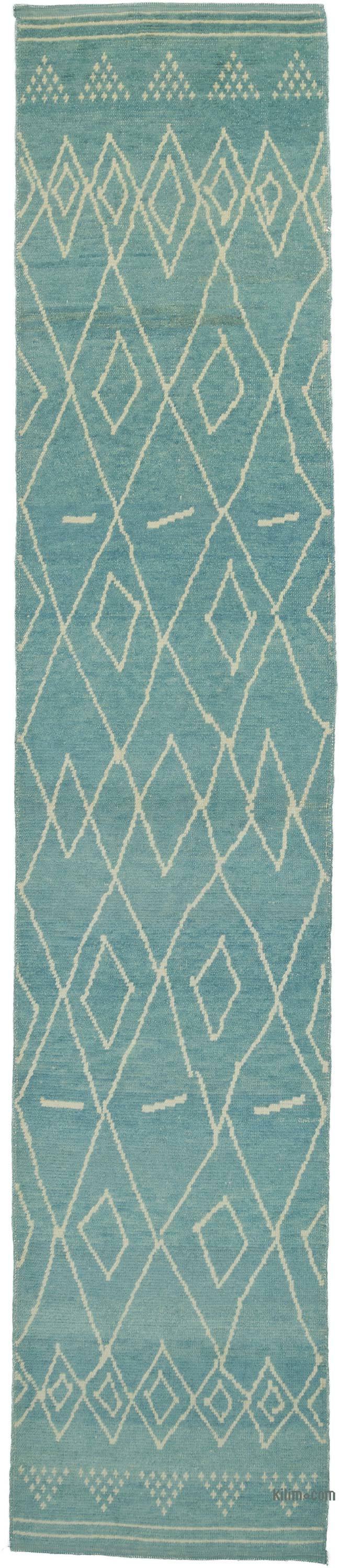 Aqua New Moroccan Style Hand-Knotted Runner - 2' 11" x 14' 7" (35 in. x 175 in.) - K0057565