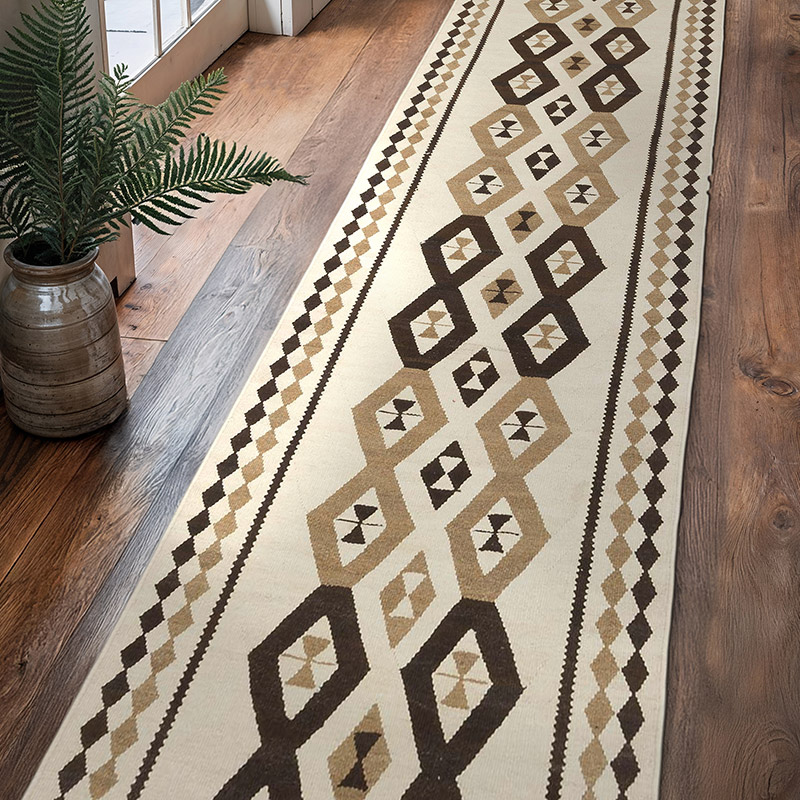 Beige, Brown Vintage Tribal Kilim Runner - 3' 1" x 11' 3" (37" x 135") - K0057628
