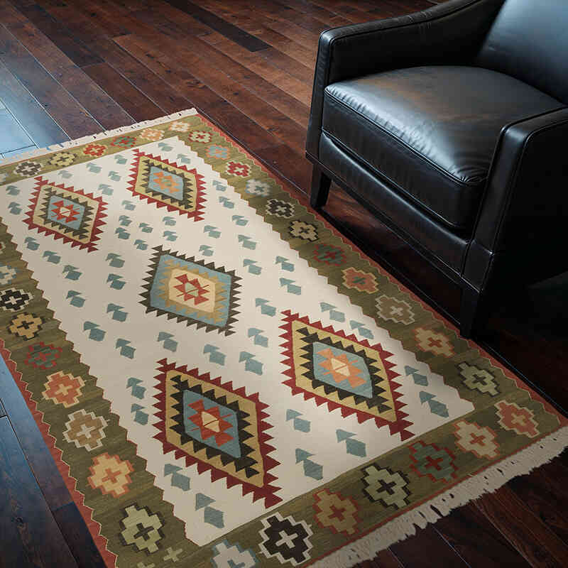 Bej, Yeşil Yeni Kök Boya El Dokuma Kilim - 128 cm x 190 cm - K0058142