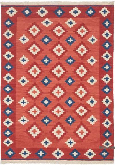 红色新的手工编织土耳其乞线地毯-4'3“ x 5'10”（51英寸x 70英寸）
