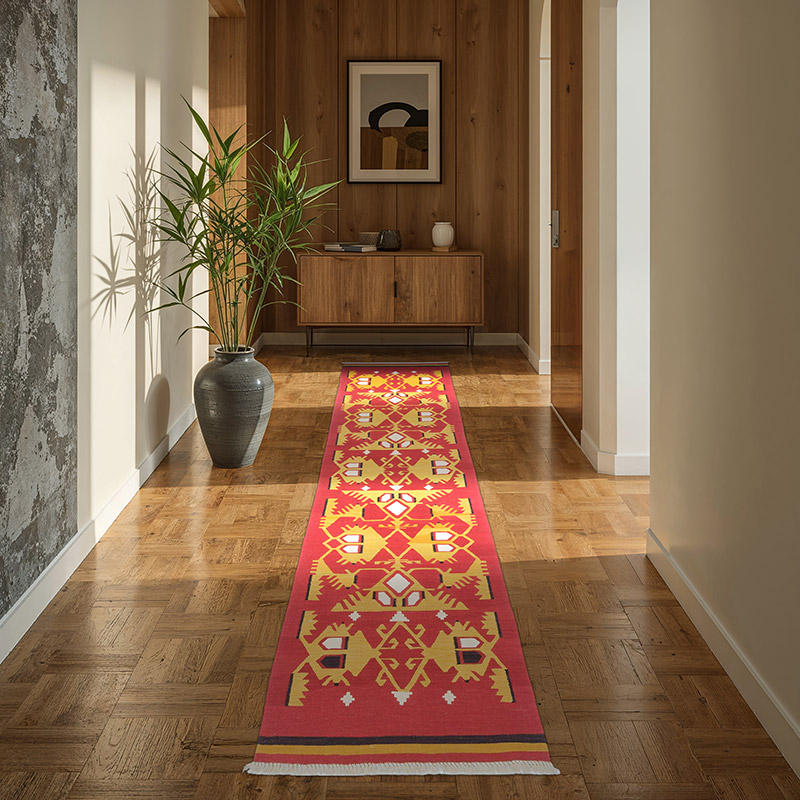Kırmızı, Sarı Yeni Kök Boya El Dokuma Yolluk Kilim - 85 cm x 298 cm - K0058154