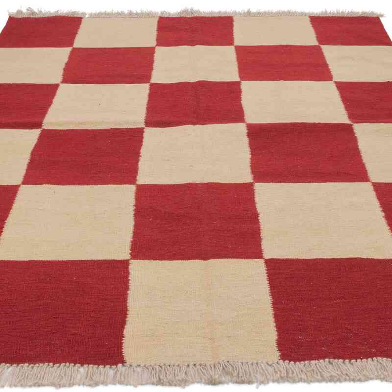 Beige, Rojo Nueva Alfombra Turca Kilim - 154 cm x 187 cm - K0058156