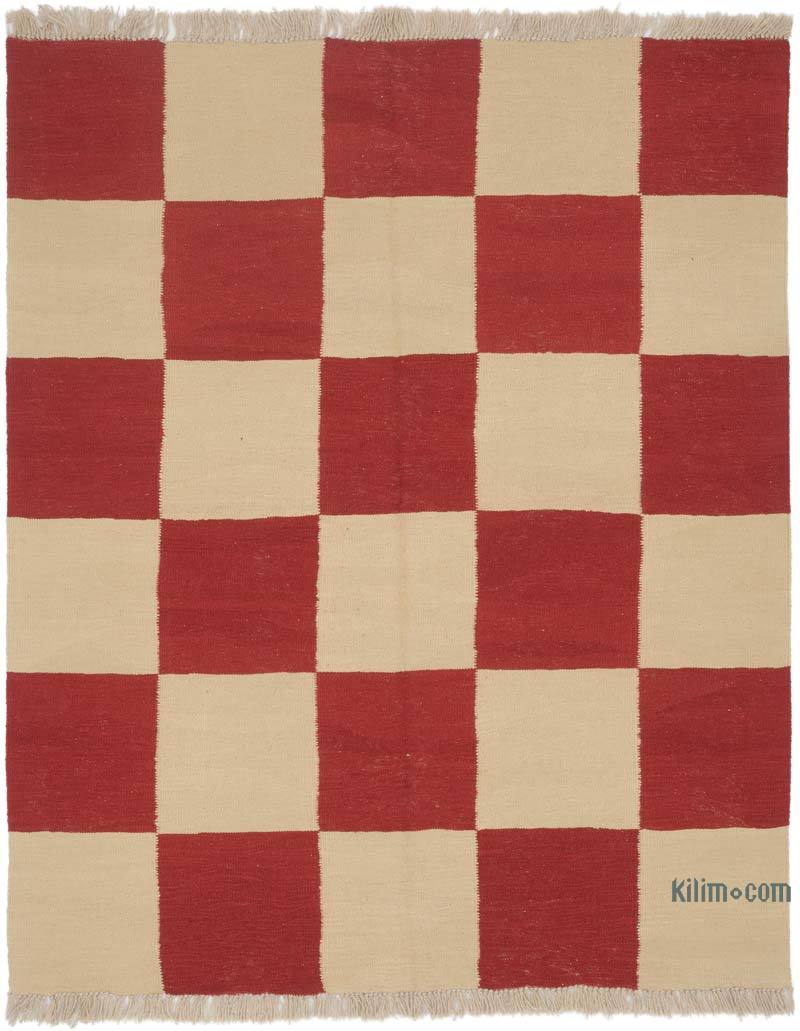 Beige, Rojo Nueva Alfombra Turca Kilim - 154 cm x 187 cm - K0058156