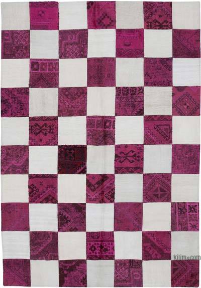 Bej, Fuşya Anadolu Çaput Patchwork Kilim - 204 cm x 296 cm