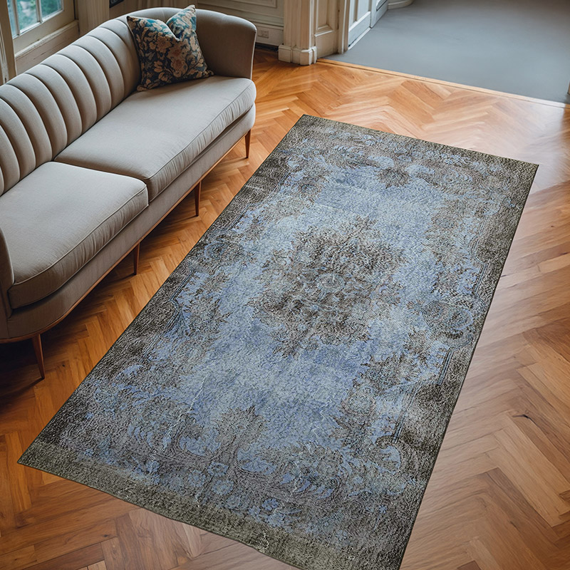 Blue Over-dyed Vintage Hand-Knotted Turkish Rug - 5' 3" x 9' 11" (63" x 119") - K0059271