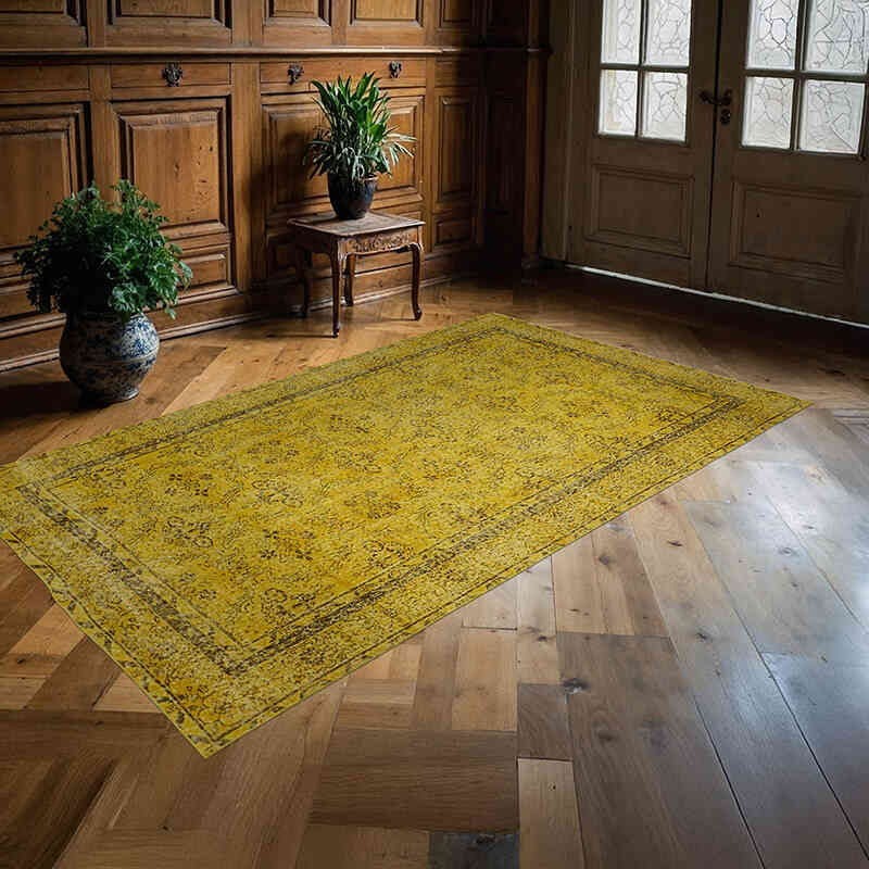 Yellow Over-dyed Vintage Hand-Knotted Turkish Rug - 5' 1" x 8' 9" (61" x 105") - K0059293