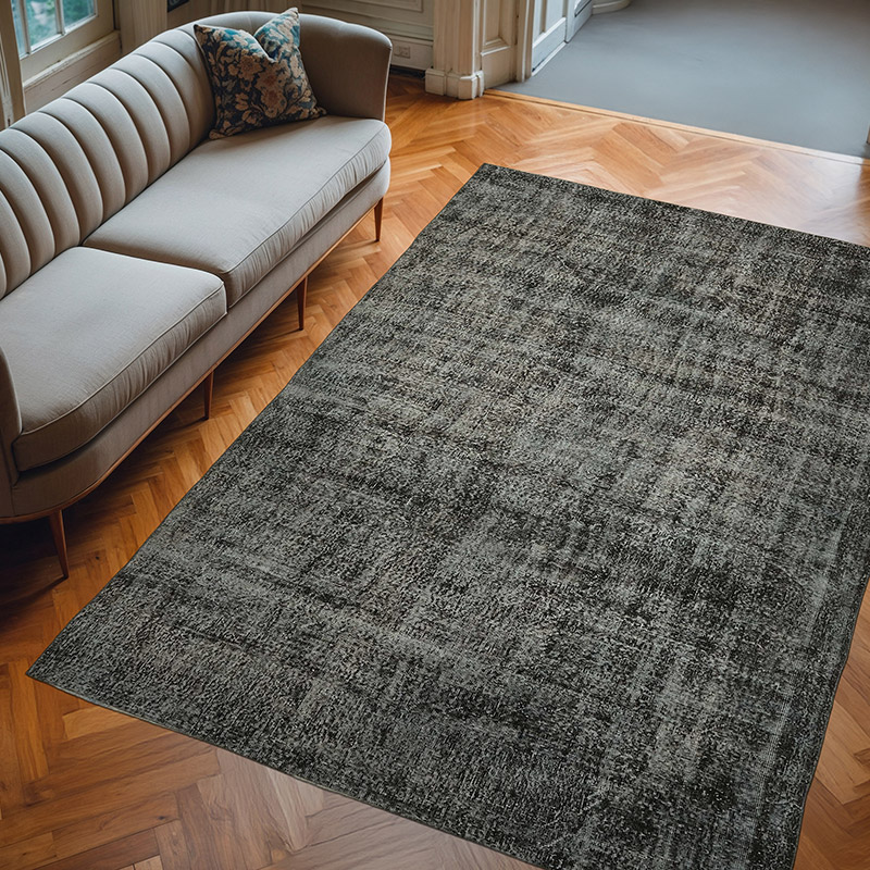 Black Over-dyed Vintage Hand-Knotted Turkish Rug - 6' 6" x 9' 7" (78" x 115") - K0059354