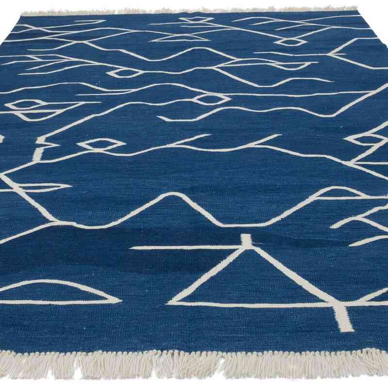 Blue New Handwoven Turkish Kilim Rug - 6' 1" x 7' 11" (73" x 95") - K0059525