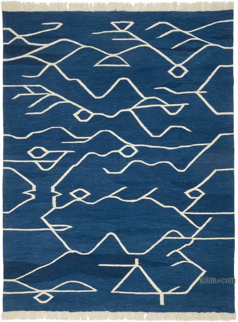 Blue New Handwoven Turkish Kilim Rug - 6' 1" x 7' 11" (73" x 95") - K0059525