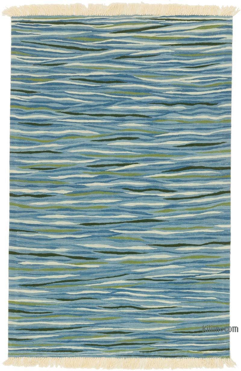 Blue, Green New Handwoven Turkish Kilim Rug - 4'  x 6'  (48" x 72") - K0059718