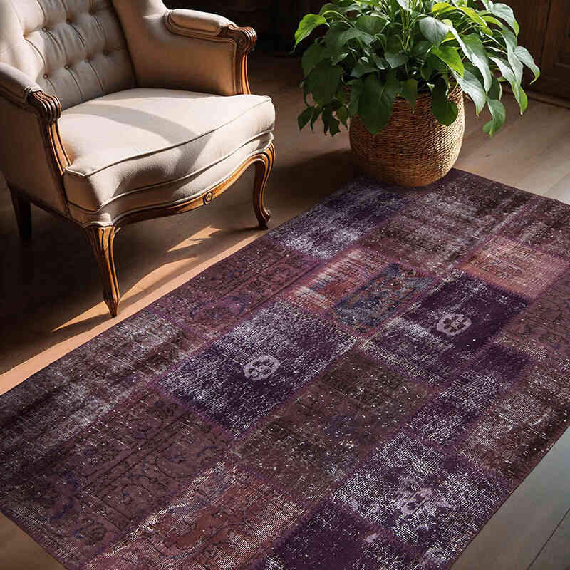 Purple Patchwork Hand-Knotted Turkish Rug - 4' 10" x 6' 8" (58" x 80") - K0060858