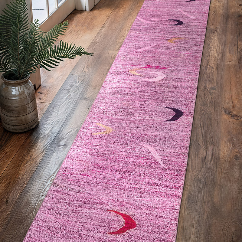 Rosado Nuevo Corredor Kilim Contemporáneo Tejido a Mano - 84 cm x 435 cm - K0061054