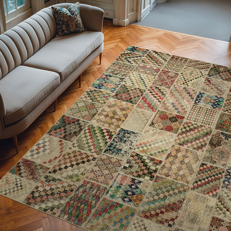 Patchwork Hand-Knotted Turkish Rug - 8' 3" x 9' 10" (99" x 118") - K0063776