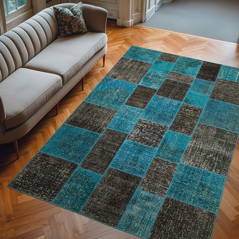 Mavi Patchwork El Dokuma Halı - 200 cm x 297 cm - K0063896