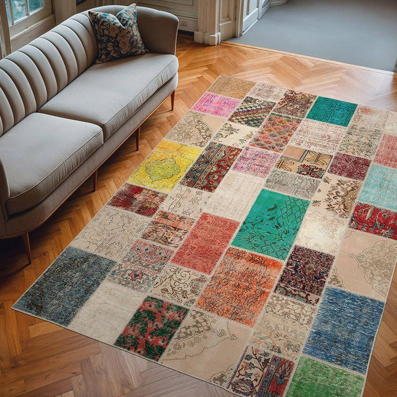 Patchwork Hand-Knotted Turkish Rug - 6' 9" x 9' 10" (81" x 118") - K0063915