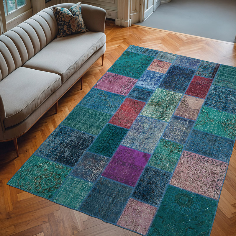 Purple Patchwork Hand-Knotted Turkish Rug - 6' 7" x 9' 8" (79" x 116") - K0063941