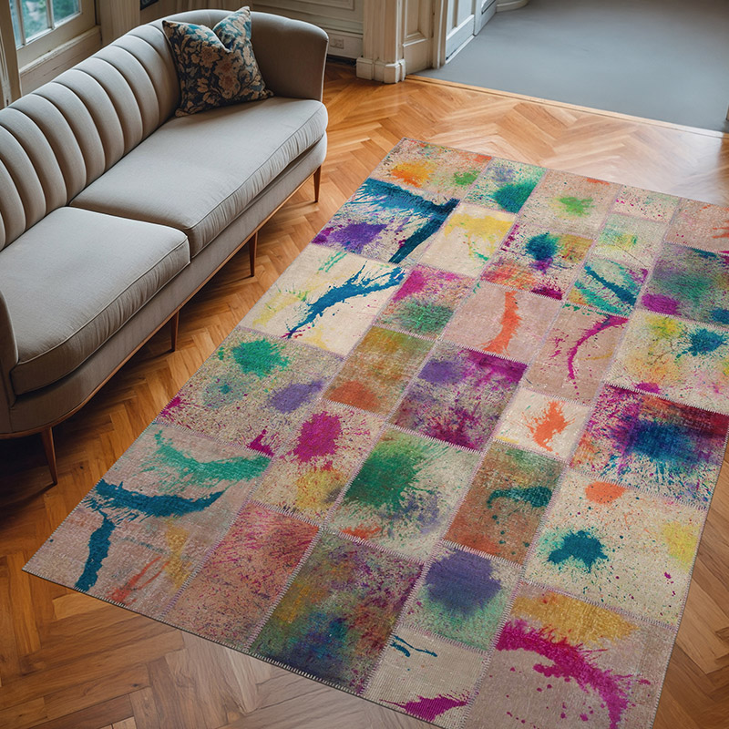 Purple Patchwork Hand-Knotted Turkish Rug - 6' 9" x 9' 11" (81" x 119") - K0063946