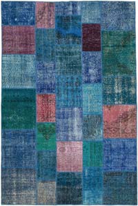 Aqua Patchwork Hand-Knotted Turkish Rug - 6' 8" x 9' 10" (80" x 118")
