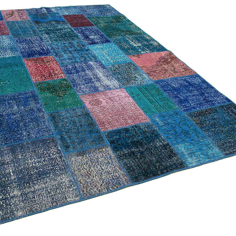 Aqua Patchwork Hand-Knotted Turkish Rug - 6' 8" x 9' 10" (80" x 118") - K0063972
