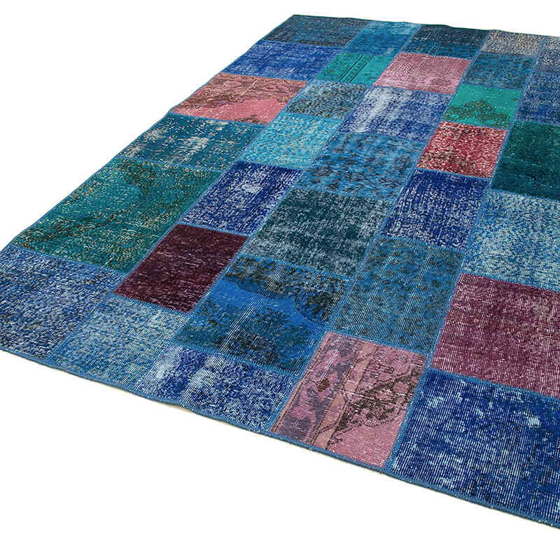 Aqua Patchwork Hand-Knotted Turkish Rug - 6' 8" x 9' 10" (80" x 118") - K0063972