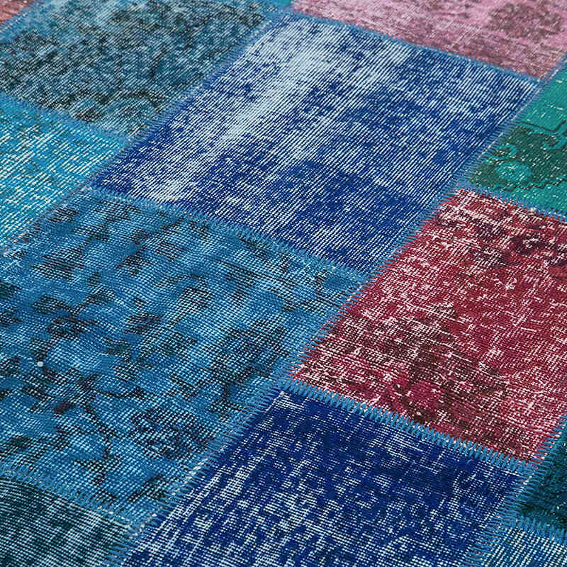Aqua Patchwork Hand-Knotted Turkish Rug - 6' 8" x 9' 10" (80" x 118") - K0063972