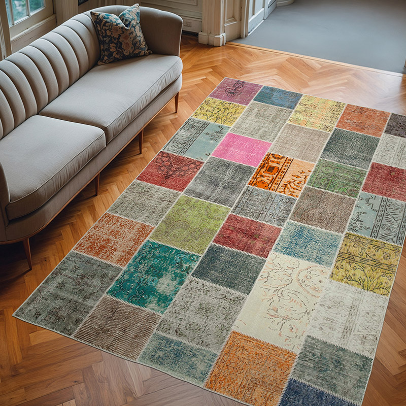Patchwork Hand-Knotted Turkish Rug - 6' 9" x 9' 9" (81" x 117") - K0064001