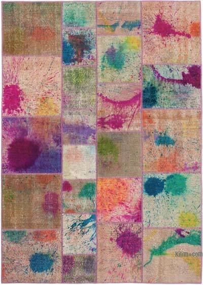Purple Patchwork Hand-Knotted Turkish Rug - 5' 8" x 7' 10" (68" x 94")