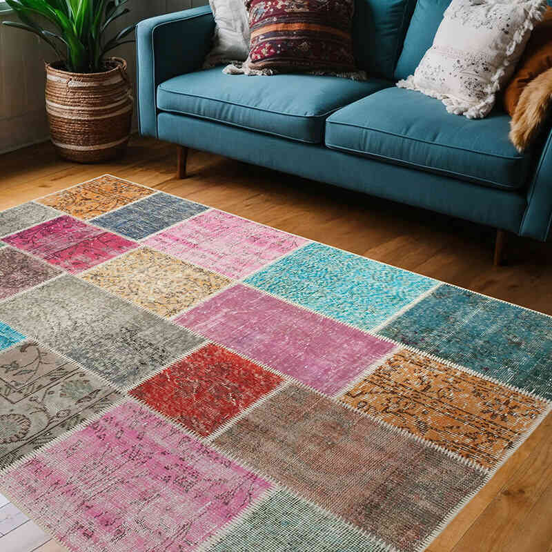 Patchwork Hand-Knotted Turkish Rug - 4' 8" x 6' 8" (56" x 80") - K0064301