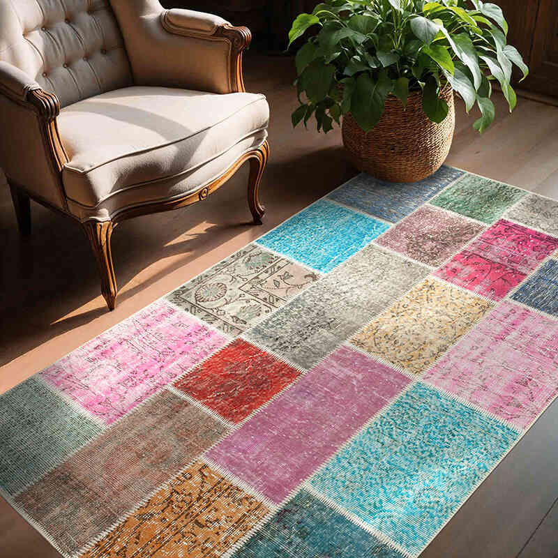 Patchwork Hand-Knotted Turkish Rug - 4' 8" x 6' 8" (56" x 80") - K0064301