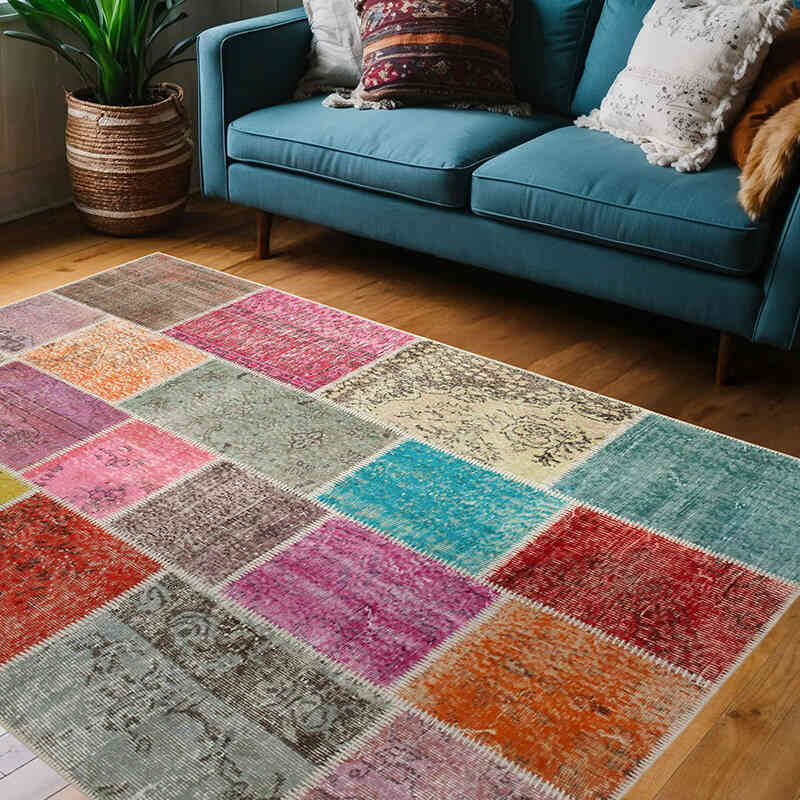 Patchwork Hand-Knotted Turkish Rug - 4' 9" x 6' 9" (57" x 81") - K0064313