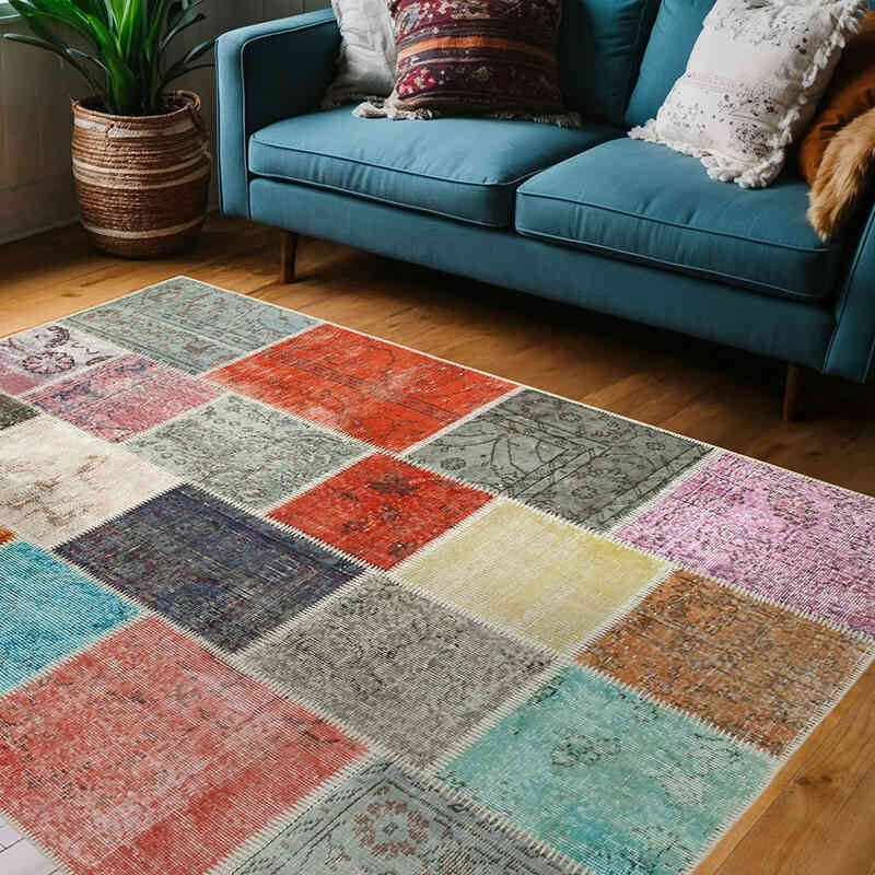 Patchwork Hand-Knotted Turkish Rug - 4' 8" x 6' 7" (56" x 79") - K0064355