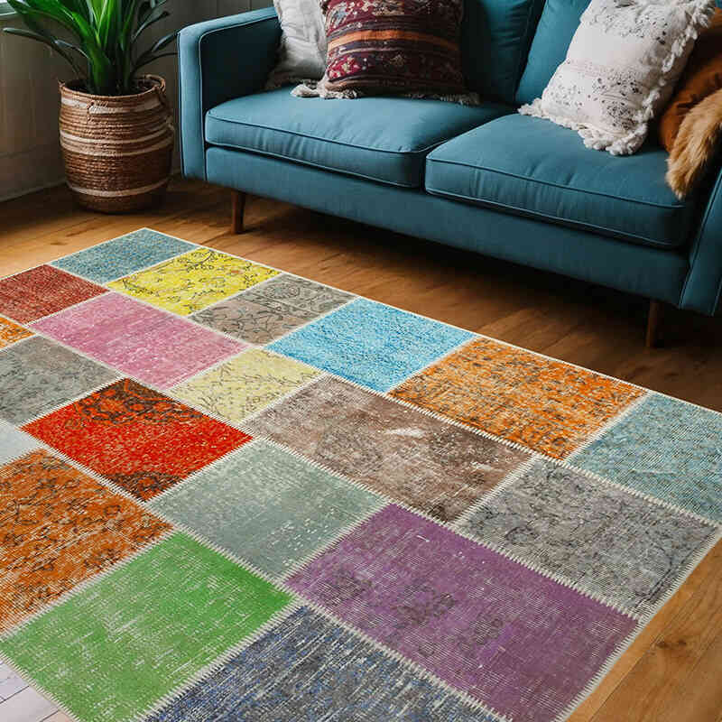 Patchwork Hand-Knotted Turkish Rug - 4' 9" x 6' 8" (57" x 80") - K0064357