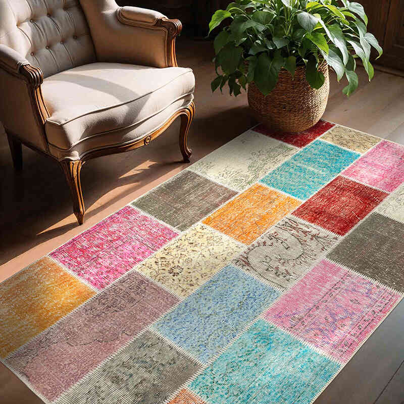 Patchwork Hand-Knotted Turkish Rug - 4' 9" x 6' 7" (57" x 79") - K0064360