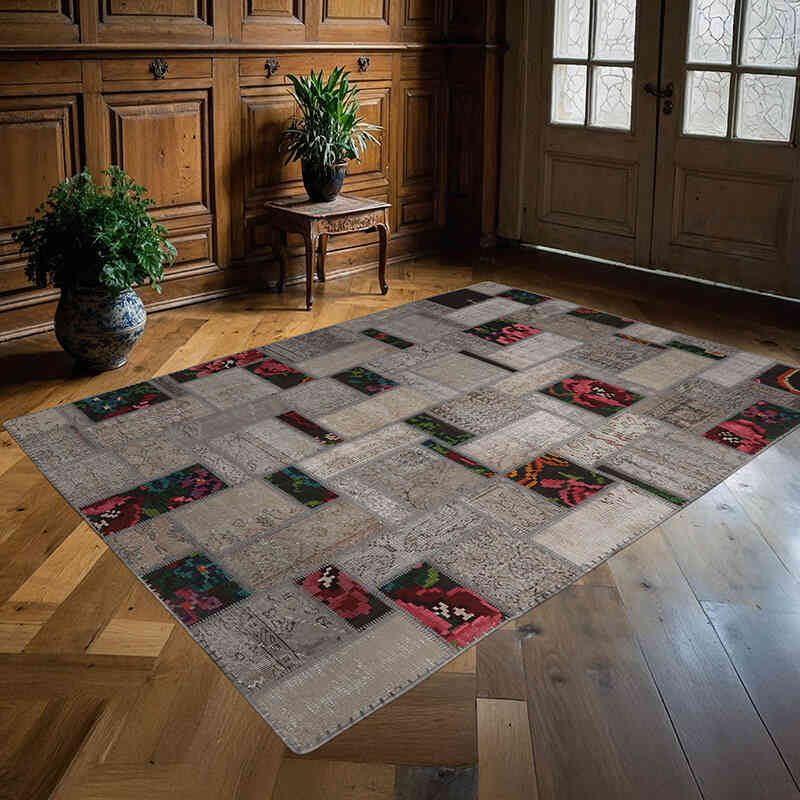 Patchwork Hand-Knotted Turkish Rug - 5' 7" x 7' 8" (67" x 92") - K0065809