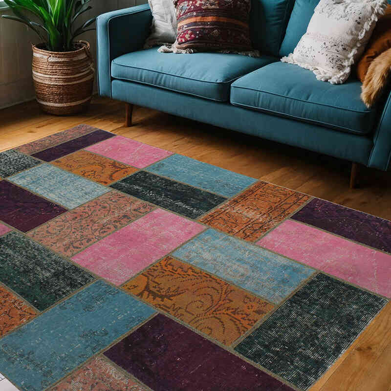 Patchwork Hand-Knotted Turkish Rug - 4' 10" x 6' 9" (58" x 81") - K0072997