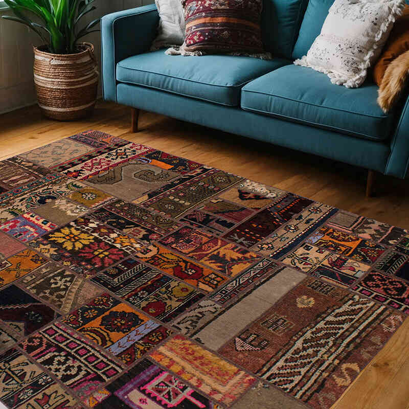 Patchwork Hand-Knotted Turkish Rug - 4' 10" x 6' 8" (58" x 80") - K0073002