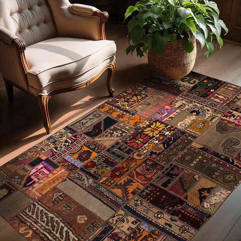Patchwork Hand-Knotted Turkish Rug - 4' 10" x 6' 8" (58" x 80") - K0073002