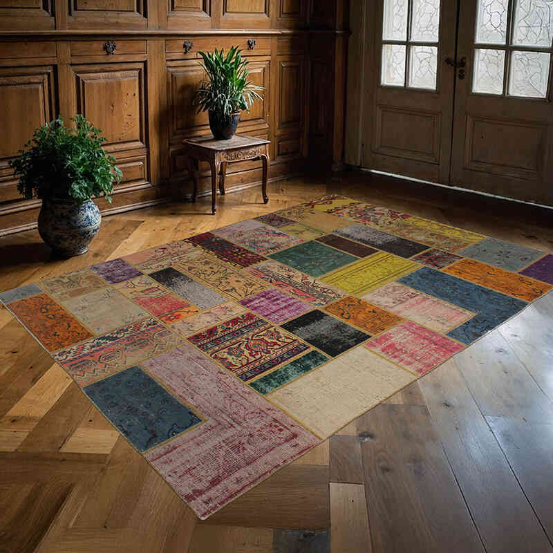 Patchwork Hand-Knotted Turkish Rug - 5' 5" x 7' 7" (65" x 91") - K0076549