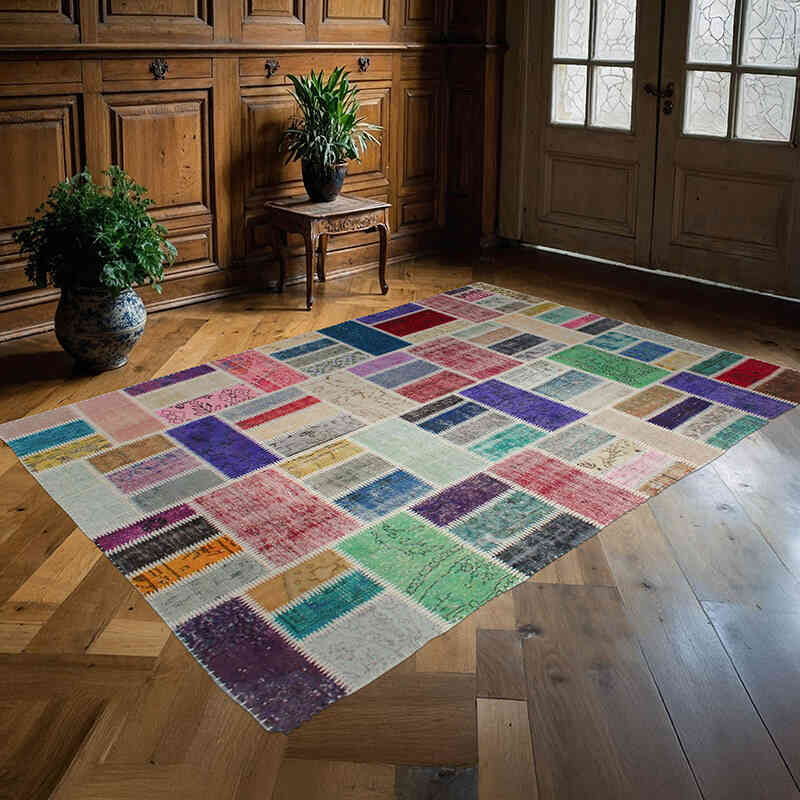 Patchwork Hand-Knotted Turkish Rug - 5' 6" x 7' 11" (66" x 95") - K0076572