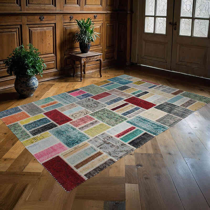 Patchwork Hand-Knotted Turkish Rug - 5' 4" x 8'  (64" x 96") - K0076573