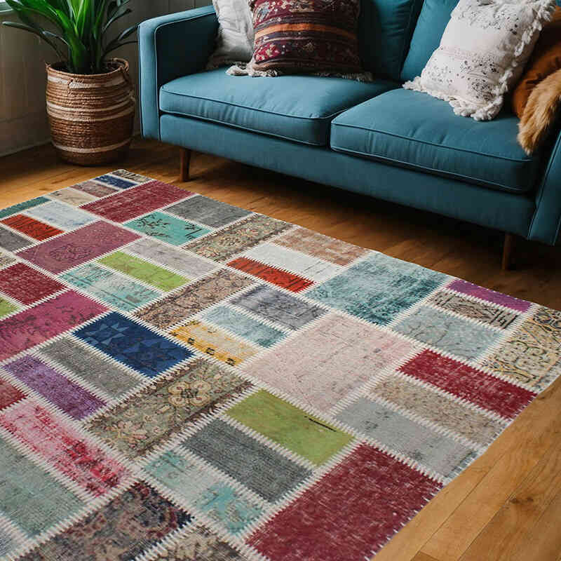 Patchwork Hand-Knotted Turkish Rug - 5' 1" x 6' 7" (61" x 79") - K0076575