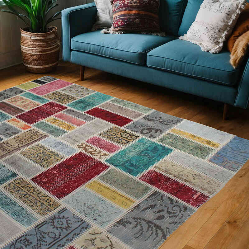 Patchwork Hand-Knotted Turkish Rug - 4' 11" x 6' 8" (59" x 80") - K0076578