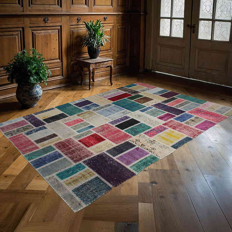 Patchwork Hand-Knotted Turkish Rug - 5' 5" x 8'  (65" x 96") - K0076579