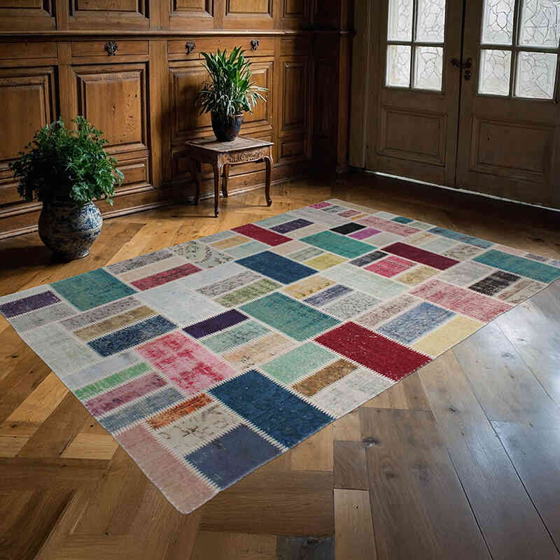 Patchwork Hand-Knotted Turkish Rug - 5' 5" x 7' 10" (65" x 94") - K0076582