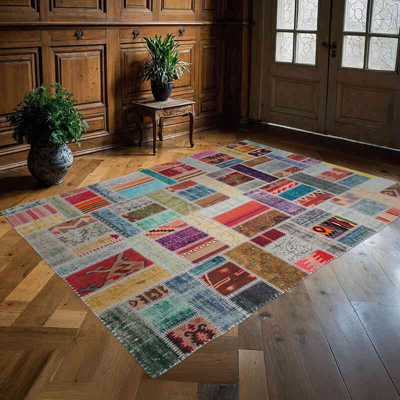 Patchwork Hand-Knotted Turkish Rug - 5' 9" x 7' 10" (69" x 94") - K0076592