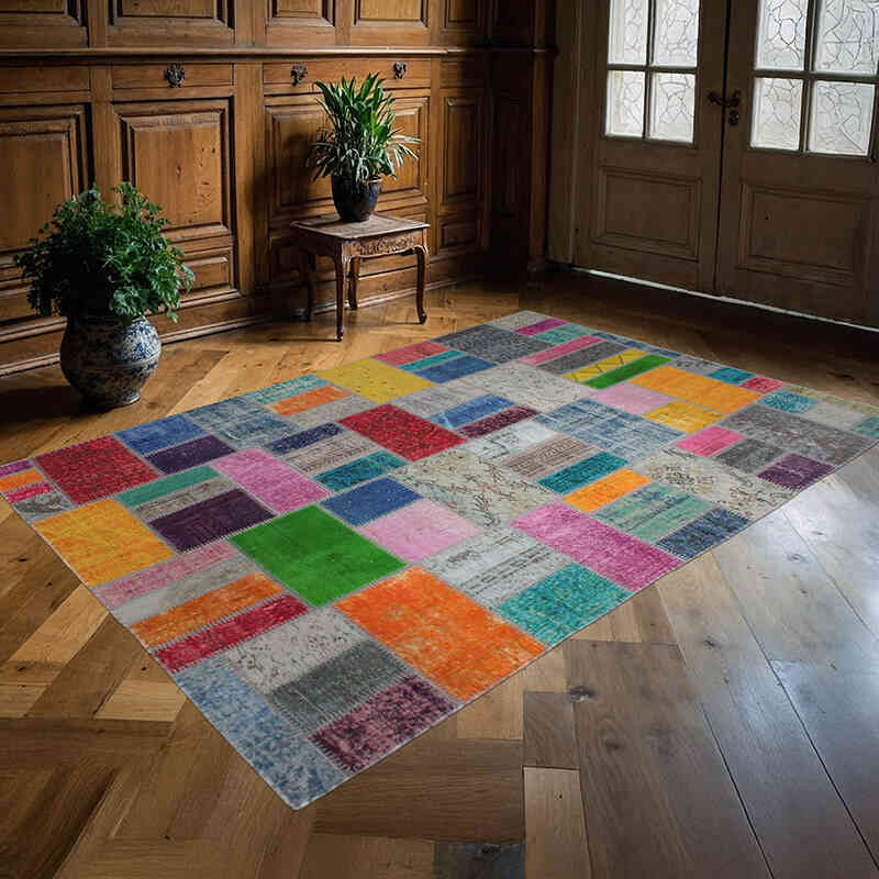 Patchwork Hand-Knotted Turkish Rug - 5' 7" x 8'  (67" x 96") - K0076594