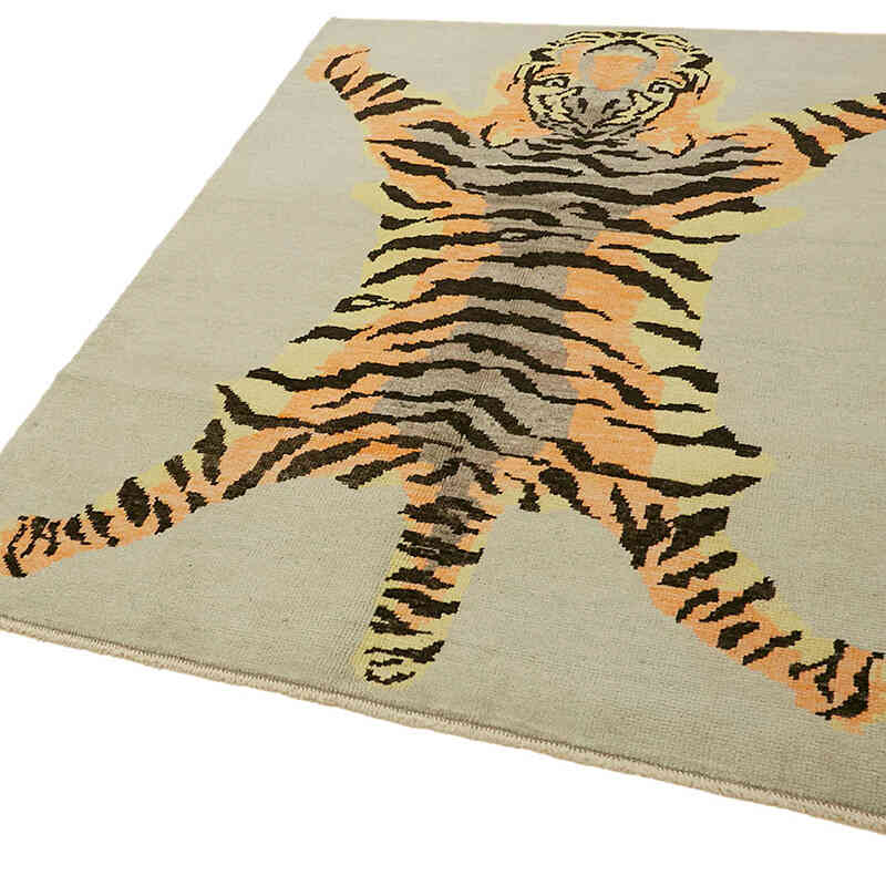 Alfombra Nueva de Nudo a Mano con Diseño de Tigre - 141 cm x 188 cm - K0079198